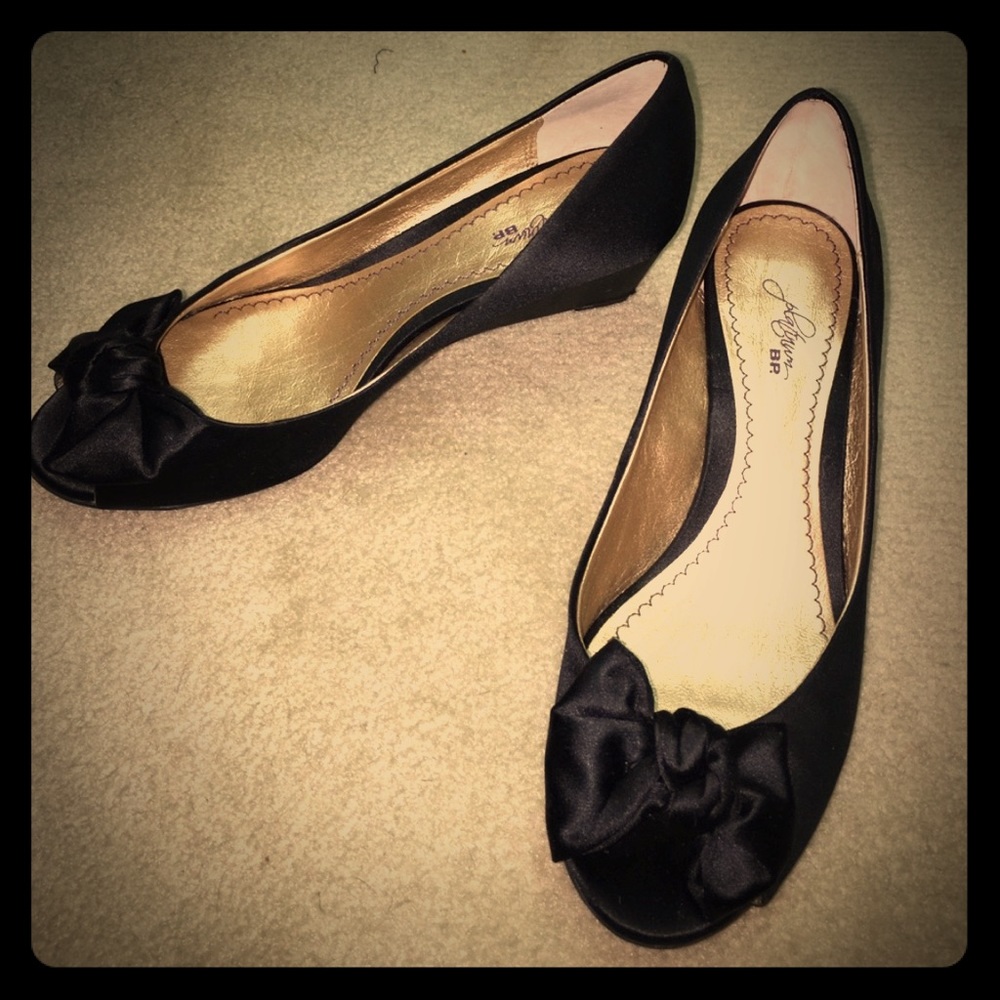 Peep Toe Black Satin Wedges